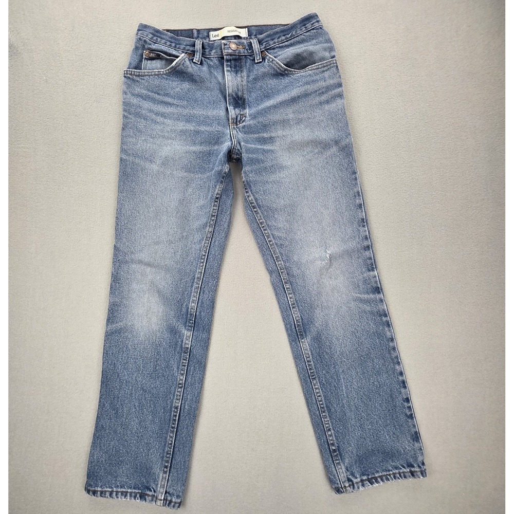 Lee Jeans Mens 33x30 (30X28) Blue Straight Regular Fit Light Wash Distressed